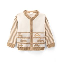 Babyhug Knit Full Sleeves Sweater Set with Vehicle Design - Beige