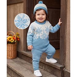 Babyhug Knit Full Sleeves Snow Flakes Printed Sweater Set With Cap - Light Blue