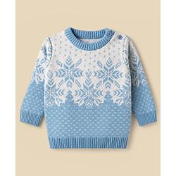 Babyhug Knit Full Sleeves Snow Flakes Printed Sweater Set With Cap - Light Blue