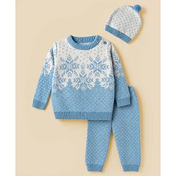 Babyhug Knit Full Sleeves Snow Flakes Printed Sweater Set With Cap - Light Blue