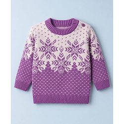 Babyhug Knit Full Sleeves Floral Design Sweater Set with Cap - Purple