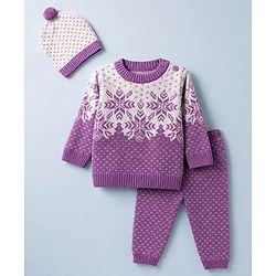 Babyhug Knit Full Sleeves Floral Design Sweater Set with Cap - Purple