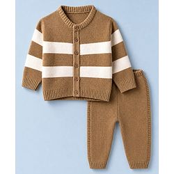 Babyhug Knit Full Sleeves Striped Sweater Set - Beige