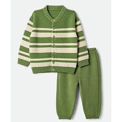 Babyhug Knit Sweater Set Full Sleeves Front Open with Stripes in Green