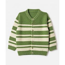 Babyhug Knit Sweater Set Full Sleeves Front Open with Stripes in Green