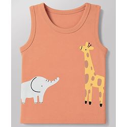 Babyhug 100% Cotton Single Jersey Knit Sleeveless Antibacterial Striped Sando With Animal Print Pack of 3 - Orange, Light Blue & White