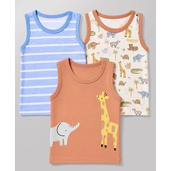 Babyhug 100% Cotton Single Jersey Knit Sleeveless Antibacterial Striped Sando With Animal Print Pack of 3 - Orange, Light Blue & White