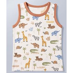 Babyhug 100% Cotton Single Jersey Knit Sleeveless Antibacterial Striped Sando With Animal Print Pack of 3 - Orange, Light Blue & White