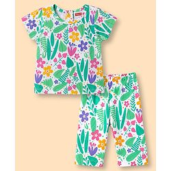 Babyhug 100% Cotton Knit Half Sleeves T-Shirt & Capri Night Suit Floral Print - Green