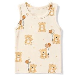 Babyhug 100% Cotton Single Jersey Knit Sleeveless Antibacterial Striped Sando With Teddy Print Pack of 3 - OffWhite, Orange & Rust Orange