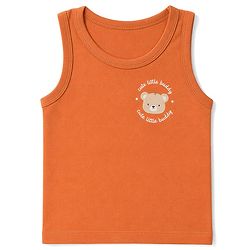 Babyhug 100% Cotton Single Jersey Knit Sleeveless Antibacterial Striped Sando With Teddy Print Pack of 3 - OffWhite, Orange & Rust Orange