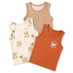 Babyhug 100% Cotton Single Jersey Knit Sleeveless Antibacterial Striped Sando With Teddy Print Pack of 3 - OffWhite, Orange & Rust Orange