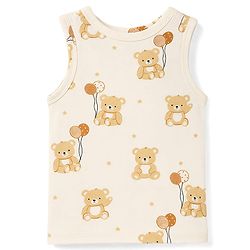 Babyhug 100% Cotton Single Jersey Knit Sleeveless Antibacterial Striped Sando With Teddy Print Pack of 3 - OffWhite, Orange & Rust Orange