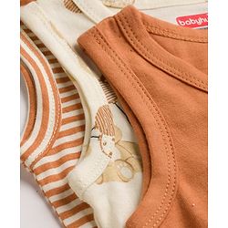 Babyhug 100% Cotton Single Jersey Knit Sleeveless Antibacterial Striped Sando With Teddy Print Pack of 3 - OffWhite, Orange & Rust Orange