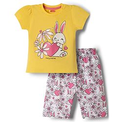 Babyhug 100% Cotton Knit Half Sleeves T-Shirt & Capri Night Suit with Floral & Bunny Print - Yellow