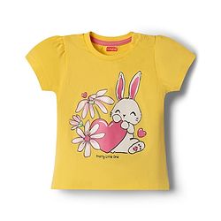Babyhug 100% Cotton Knit Half Sleeves T-Shirt & Capri Night Suit with Floral & Bunny Print - Yellow