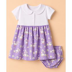 Babyhug 100% Cotton Knit Half Sleeves Floral Printed Frock With Bloomer - Lavender