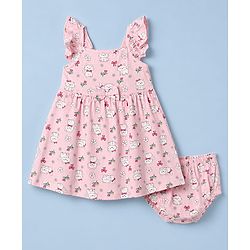 Babyhug 100% Cotton Single Jersey Knit Sleeveless Cat Printed Frock with Bloomer - Pink