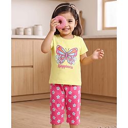 Babyhug 100% Cotton Knit Half Sleeves T-Shirt & Capri Night Suit With Butterfly & Floral Print - Yellow / Pink