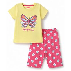 Babyhug 100% Cotton Knit Half Sleeves T-Shirt & Capri Night Suit With Butterfly & Floral Print - Yellow / Pink