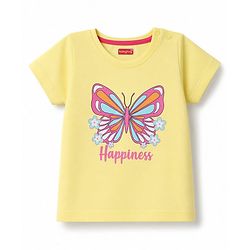 Babyhug 100% Cotton Knit Half Sleeves T-Shirt & Capri Night Suit With Butterfly & Floral Print - Yellow / Pink