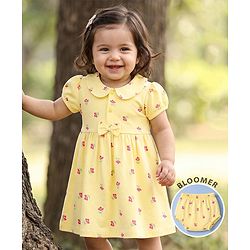 Babyhug 100% Cotton Single Jersey Knit Half Sleeves Floral Printed Frock With Bloomer With Bow Applique - Yellow