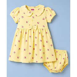 Babyhug 100% Cotton Single Jersey Knit Half Sleeves Floral Printed Frock With Bloomer With Bow Applique - Yellow