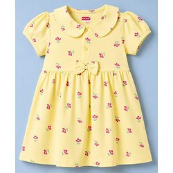 Babyhug 100% Cotton Single Jersey Knit Half Sleeves Floral Printed Frock With Bloomer With Bow Applique - Yellow