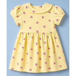 Babyhug 100% Cotton Single Jersey Knit Half Sleeves Floral Printed Frock With Bloomer With Bow Applique - Yellow