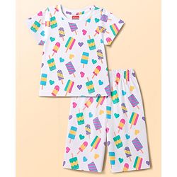 Babyhug 100% Cotton Knit Half Sleeves Hearts & Popsicles Printed Co-Ords T-Shirt & Capri Night Suit - White