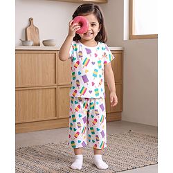Babyhug 100% Cotton Knit Half Sleeves Hearts & Popsicles Printed Co-Ords T-Shirt & Capri Night Suit - White