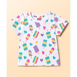 Babyhug 100% Cotton Knit Half Sleeves Hearts & Popsicles Printed Co-Ords T-Shirt & Capri Night Suit - White