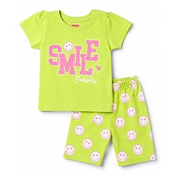 Babyhug 100% Cotton Knit Half Sleeves T-Shirt & Capri Night Suit with Smile Print - Lime