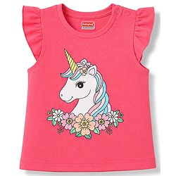 Babyhug 100% Cotton Knit Half Sleeves T-Shirt & Capri Night Suit Unicorn Print - Pink