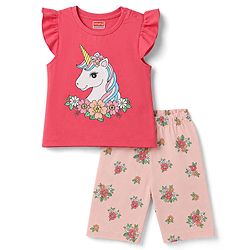 Babyhug 100% Cotton Knit Half Sleeves T-Shirt & Capri Night Suit Unicorn Print - Pink