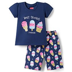 Babyhug 100% Cotton Knit Half Sleeves T-Shirt & Capri Night Suit with Dessert Print - Navy