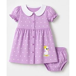 Babyhug 100% Cotton Single Jersey Knit Short Sleeves Frock and Bloomer with Polka Dot & Duck Print - Lavender