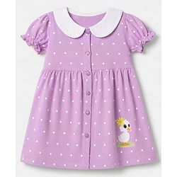 Babyhug 100% Cotton Single Jersey Knit Short Sleeves Frock and Bloomer with Polka Dot & Duck Print - Lavender