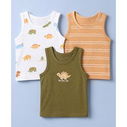 Babyhug 100% Cotton Single Jersey Knit Antibacterial Vest with Stripes & Dinosaur Print Pack of 3 - White Orange & Green