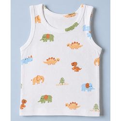 Babyhug 100% Cotton Single Jersey Knit Antibacterial Vest with Stripes & Dinosaur Print Pack of 3 - White Orange & Green