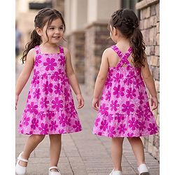 Babyhug 100% Cotton Single Jersey Knit One Piece Dress with Sleeveless Styling and Floral Print - Pink