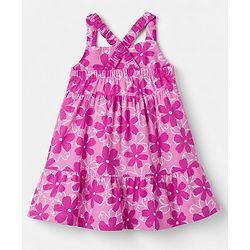 Babyhug 100% Cotton Single Jersey Knit One Piece Dress with Sleeveless Styling and Floral Print - Pink