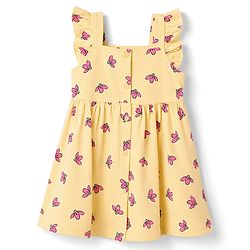 Babyhug 100% Cotton Knit Frock with Ruffle Sleeves and Floral Print - Yellow