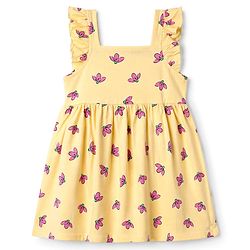 Babyhug 100% Cotton Knit Frock with Ruffle Sleeves and Floral Print - Yellow