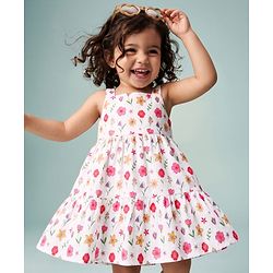 Babyhug 100% Cotton Single Jersey Knit Sleeveless One Piece Dress with Floral Print - White