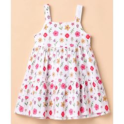Babyhug 100% Cotton Single Jersey Knit Sleeveless One Piece Dress with Floral Print - White