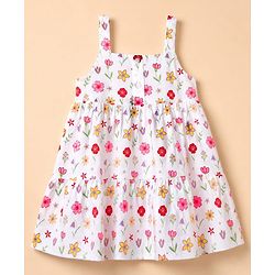 Babyhug 100% Cotton Single Jersey Knit Sleeveless One Piece Dress with Floral Print - White