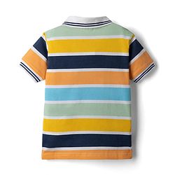 Babyhug Single Jersey Knit Half Sleeves Striped T-Shirt & Denim Shorts Set With Varsity Print - Blue