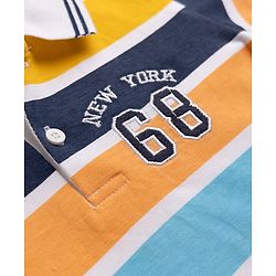 Babyhug Single Jersey Knit Half Sleeves Striped T-Shirt & Denim Shorts Set With Varsity Print - Blue