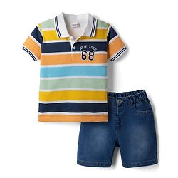 Babyhug Single Jersey Knit Half Sleeves Striped T-Shirt & Denim Shorts Set With Varsity Print - Blue